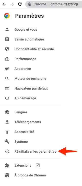 Réinitialiser les paramètres de Chrome